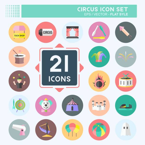 ilustrações de stock, clip art, desenhos animados e ícones de circus icon set in trendy flat style isolated on soft blue background - dog set humor happiness