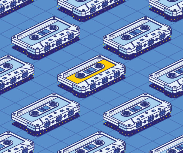 Isometric Audio Cassette Tape Seamless Pattern. Vector Illustration. Isometric Audio Cassette Tape Seamless Pattern. Vector Illustration. Outline Music Concept. Retro Electronic Audio Device. Concept 80s and 90s. mixtape stock illustrations