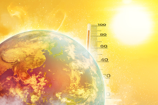 Earth, heat wave, Sun and high temperature environment with weather thermometer. Climate change, Hot climate, Extreme weather concept. Map reference url https://www.solarsystemscope.com/textures/