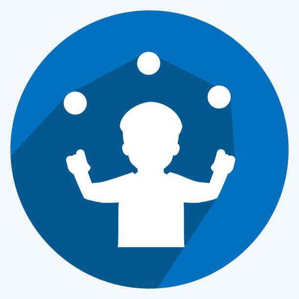 ilustraciones, imágenes clip art, dibujos animados e iconos de stock de icono de malabarismo de bolas en estilo de sombra larga de moda aislado sobre fondo azul suave - juggling silhouette performer performance