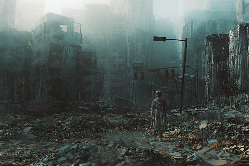 Apocalyptic city war zone - 3D generated image with a paint over.