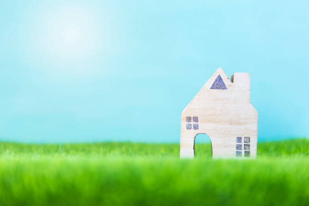 istock White wooden model house on green grass with space on blurred blue background 1370822625