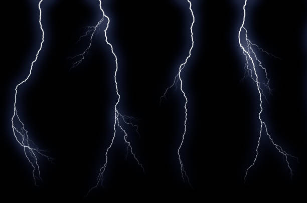 ilustraciones, imágenes clip art, dibujos animados e iconos de stock de conjunto de cuatro rayos diferentes aislados sobre fondo negro - lightning