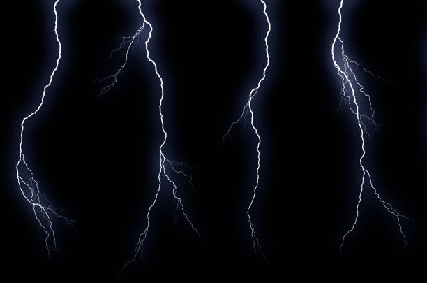 illustrazioni stock, clip art, cartoni animati e icone di tendenza di set di quattro diversi fulmini isolati su sfondo nero - thunderstorm