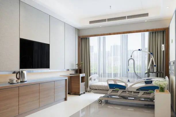 Photo of Modern Luxury Hospital Room Interior With Empty Bed, Lcd Television And City View From The Window