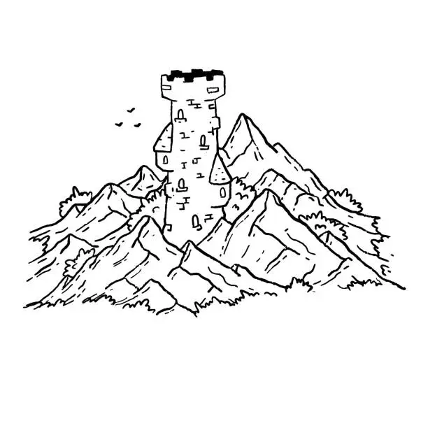 Vector illustration of Magic tower in mountains. Medieval fortress or castle. Illustration for fairy tale and book. Outline cartoon design