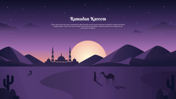 stockillustraties, clipart, cartoons en iconen met landscape illustration of ramadan kareem with desert and mosque silhouette - mosque