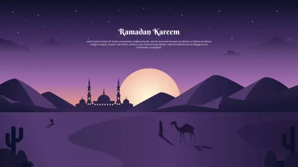 Vector illustration of landscape Illustration of Ramadan kareem with desert and mosque silhouette
