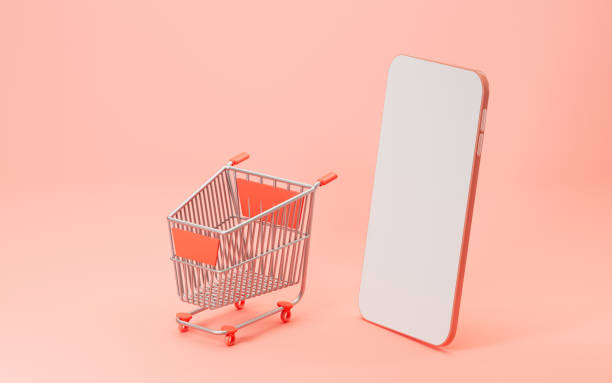 istock Empty shopping cart and phone with pink background, 3d rendering. 1370827812