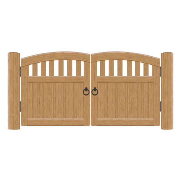 Vector illustration of Old wooden massive closed gates, vector illustration. Double door with iron handles and hinges
