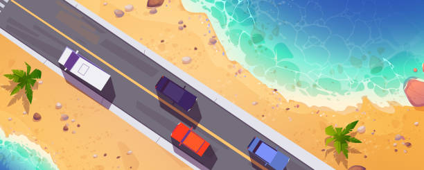 Road with cars top view, straight two lane highway Road with cars top view, straight two lane highway along sea beach with sand and palm trees. Cartoon overhead background with vehicles riding at asphalt pathway, route direction Vector illustration single lane road footpath dirt road panoramic stock illustrations