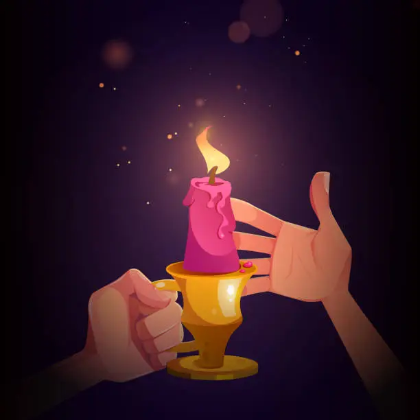 Vector illustration of Hands with candle in metal candlestick with handle