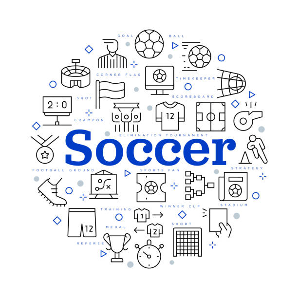 illustrazioni stock, clip art, cartoni animati e icone di tendenza di calcio. design vettoriale con icone e parole chiave - goal scoreboard soccer soccer ball