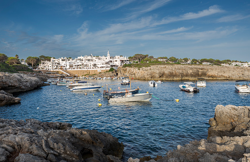 Sant Lluis, Spain - August 3, 2021: Marina of Binibeca Vell, a small town in de municipality of Sant Lluis, Menorca, Spain