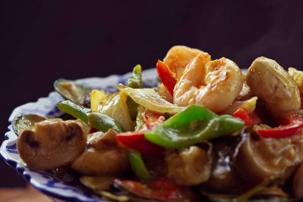 Green curry shrimp stir-fried close up