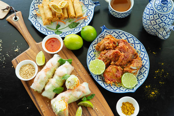 Thai appetizer dishes High angle view variety of of Thai starter thai food stock pictures, royalty-free photos & images