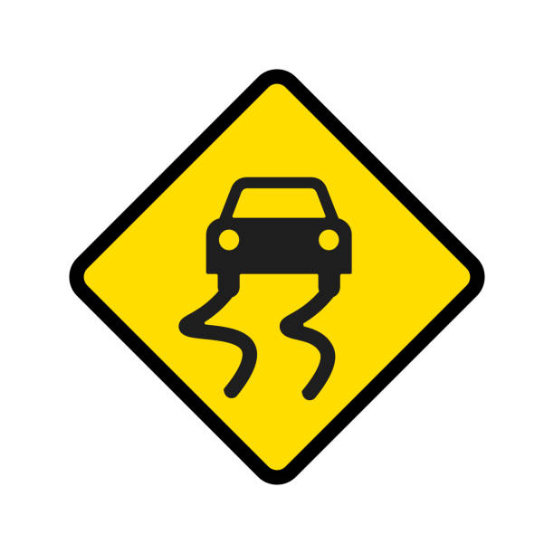 ostrzegawczy znak drogowy wektor śliskiej drogi. - slippery when wet sign stock illustrations