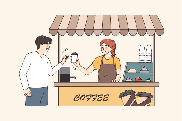 Smiling man get takeaway coffee from street cafe Smiling man buy takeaway coffee in street coffeeshop from female barista. Happy girl serve guy client make espresso or cappuccino in cafeteria. Small business concept. Vector illustration. small business saturday stock illustrations