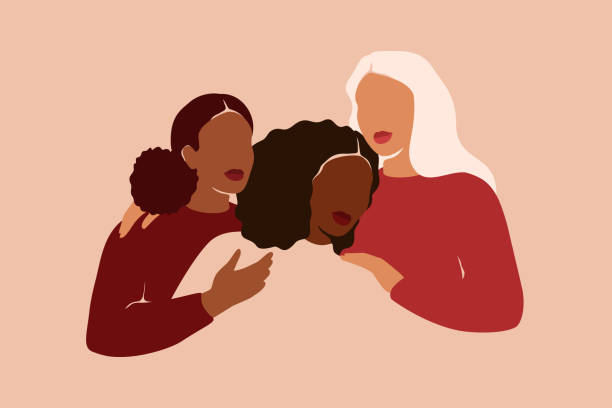 ilustraciones, imágenes clip art, dibujos animados e iconos de stock de tres mujeres de diferentes etnias y culturas se abrazan. las niñas fuertes y valientes se apoyan mutuamente y el movimiento feminista. - abrazo