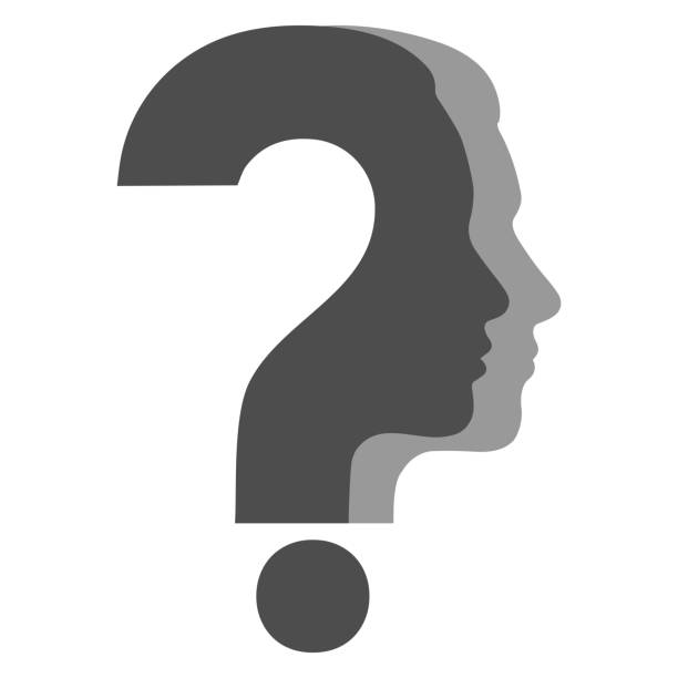 Silhouette of man and woman head with question mark, symbolizing psychological processes of understanding. Silhouette of man and woman head with question mark, symbolizing psychological processes of understanding. question mark head stock illustrations