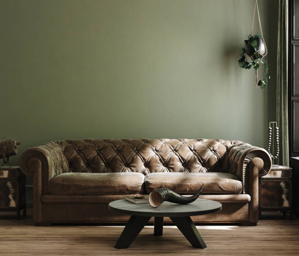istock Home interior mock-up with green sofa, table and decor in living room 1370836215