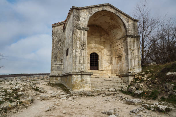 Mausoleum of Dzhanike-Khanym in cave city Chufut-Kale in Bakhchysarai, Crimea stock photo