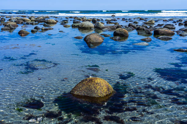 Tranquil Bulgarian seaside landscape with quiet blue reflective Black Sea and old dark rocky stones against bright sunny evening sunset
