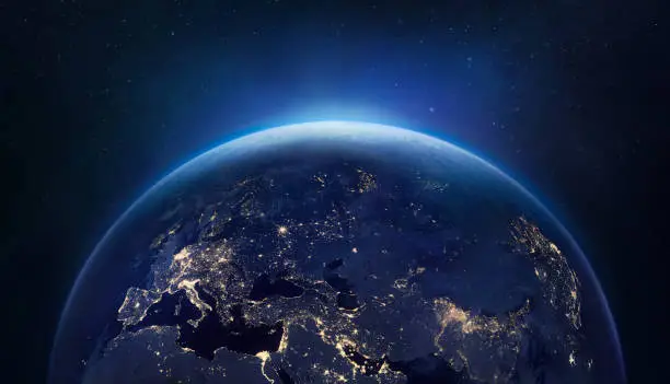 Earth planet in deep space. Space wallpaper with Earth at night with cities lights. Elements of this image furnished by NASA (url: https://eoimages.gsfc.nasa.gov/images/imagerecords/79000/79765/dnb_land_ocean_ice.2012.3600x1800.jpg)