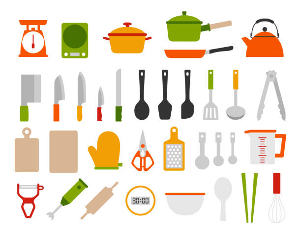 ilustraciones, imágenes clip art, dibujos animados e iconos de stock de juego de materiales de utensilios de cocina (sin líneas) - utensilio para servir
