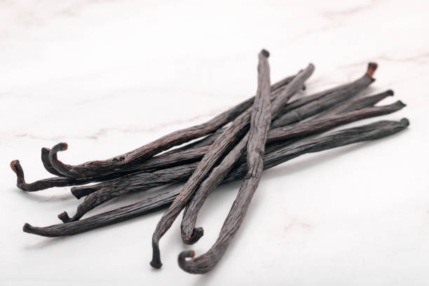 istock Dried vanilla sticks set up on marble background. 1370839424