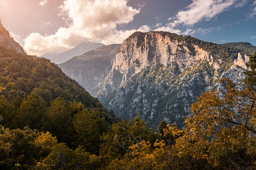 Deep and picturesque gorge on the ridge leading to legendary Mount Olympus - the pantheon of all Greek gods and throne of Great Zeus the Thunderer. Natural and National Parks of Greece