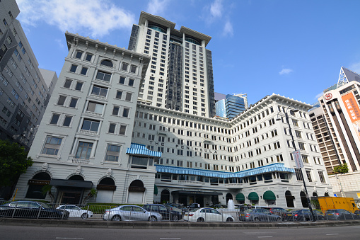 Majestic Peninsula Hotel in Tsim Sha Tsui, Kowloon, Hong Kong, the flagship property of The Peninsula Hotels group. The hotel opened in 1928, and was the first under The Peninsula brand. It combines colonial and modern elements.