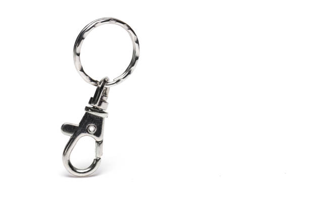 Close up of silver metal keychain in shape of carabiner on white background