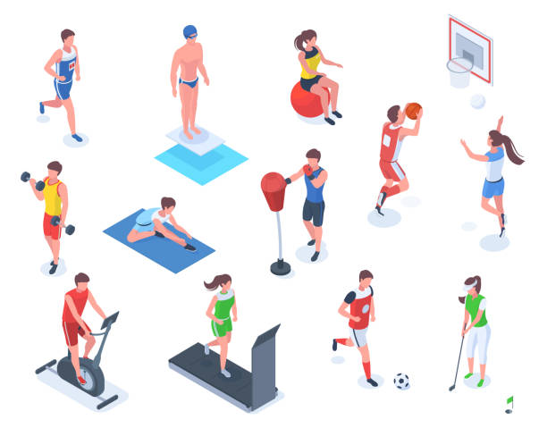 ilustraciones, imágenes clip art, dibujos animados e iconos de stock de las personas isométricas hacen deportes, boxeo, golf y fitness. los personajes hacen un conjunto de ilustraciones vectoriales de deportes al aire libre y en interiores. atletas profesionales haciendo ejercicio - healthy lifestyle men boxing dumbbell