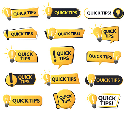 Quick tips helpful emblems, problem solution or advice speech bubbles. Tricks and helpful suggestions abstract vector symbols set. Quick tips trick logos. Light bulb, exclamation mark reminder