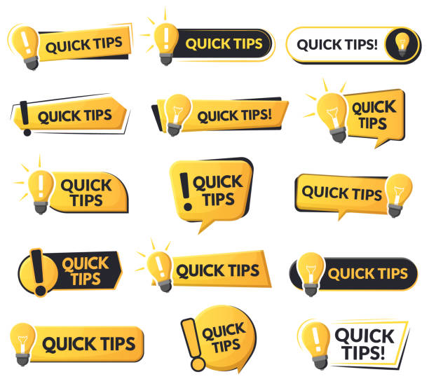 Quick tips helpful emblems, problem solution or advice speech bubbles. Tricks and helpful suggestions abstract vector symbols set. Quick tips trick logos Quick tips helpful emblems, problem solution or advice speech bubbles. Tricks and helpful suggestions abstract vector symbols set. Quick tips trick logos. Light bulb, exclamation mark reminder tips tricks stock illustrations