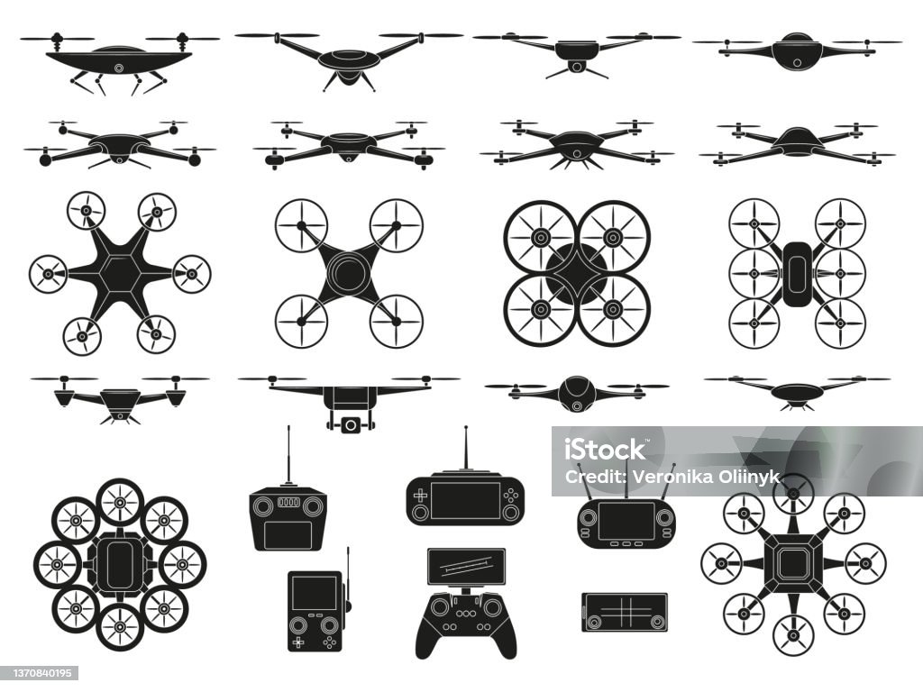 Drone icons, aerial quadcopters vehicles silhouette symbols. Modern unmanned flying drones vector illustration set. Aerial quadcopters technology Drone icons, aerial quadcopters vehicles silhouette symbols. Modern unmanned flying drones vector illustration set. Aerial quadcopters technology. Wireless aircraft with remote control Drone stock vector