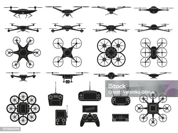 Drone Icons Aerial Quadcopters Vehicles Silhouette Symbols Modern Unmanned Flying Drones Vector Illustration Set Aerial Quadcopters Technology Stock Illustration - Download Image Now