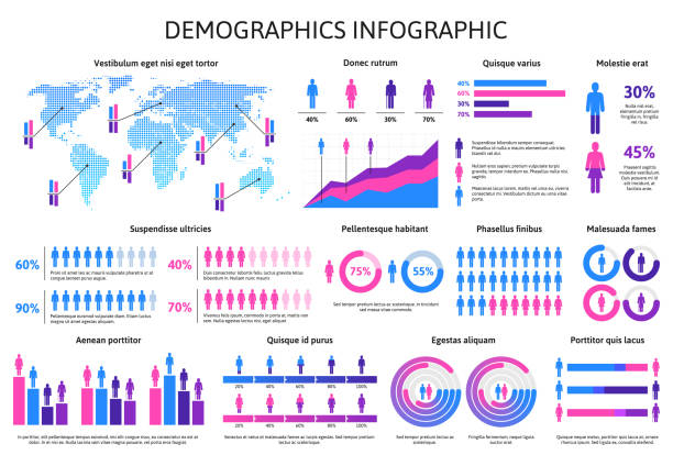 人間の人口統計人口インフォグラフィック、チャートバーのパーセンテージ情報。人物の人口データ分析ベクトル図。男と女のアイコンを持つディオグラム - 人口統計のインフォグラフィック点のイラスト素材／クリップアート素材／マンガ素材／アイコン素材