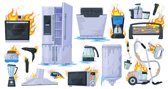Broken, damaged household appliance, burnt refrigerator, toaster and washing machine. Damaged household electronic gadgets vector illustration set. Broken home appliances