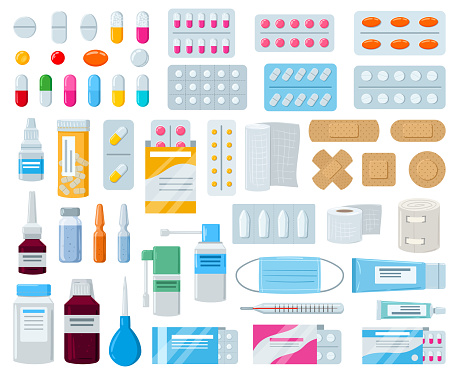Cartoon pharmacy medication, pills bottle, drugs and patches. Medicines, sprays and pharmaceuticals hospital equipment vector illustration set. Pharmacy elements, healthcare and disease treatment