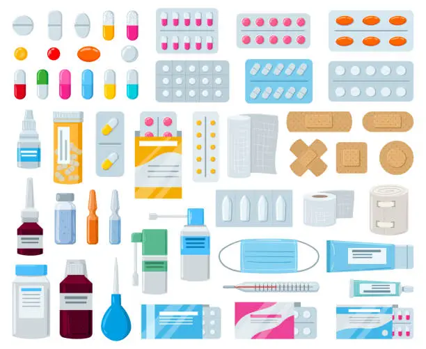 Vector illustration of Cartoon pharmacy medication, pills bottle, drugs and patches. Medicines, sprays and pharmaceuticals hospital equipment vector illustration set. Pharmacy elements