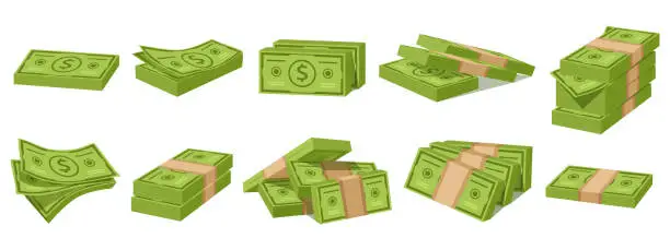 Vector illustration of Cartoon dollar bunch, money cash wad. Green paper bills and bundles of banknotes vector illustration set. Big wad of cash