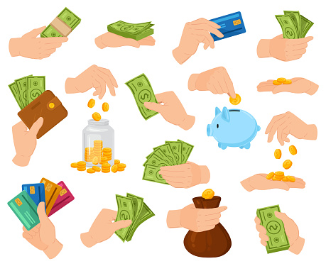 Cartoon cash money, hands hold dollar bill, wallet or bag. Human arm holding green banknotes vector illustration set. Hand giving wallet with cash and banking cards