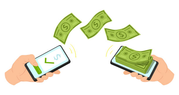 Cartoon money payment, mobile bank electronic transaction. Transfer money via online mobile app vector illustration. People send and receive money online Cartoon money payment, mobile bank electronic transaction. Transfer money via online mobile app vector illustration. People send and receive money online. Hand holding smartphone with flowing banknote banking symbols stock illustrations