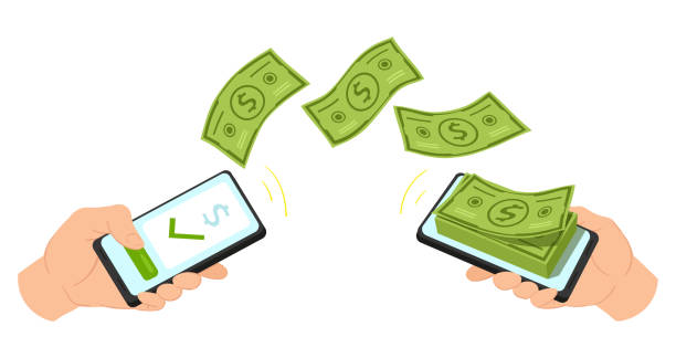 Cartoon money payment, mobile bank electronic transaction. Transfer money via online mobile app vector illustration. People send and receive money online Cartoon money payment, mobile bank electronic transaction. Transfer money via online mobile app vector illustration. People send and receive money online. Hand holding smartphone with flowing banknote send stock illustrations