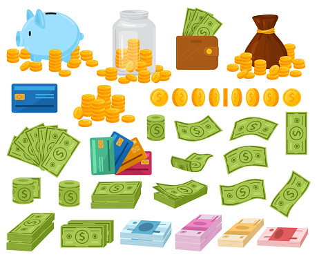 Cartoon money, dollar bills, coins and cash wad. Piggy bank and sack with coins full of money vector illustration set. Wallet with cash and credit cards