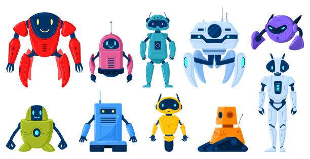 Cartoon robot characters, technology cyborg mascots or mechanical toys. Artificial intelligence, scientific technology machines vector illustration set. Digital cyborgs Cartoon robot characters, technology cyborg mascots or mechanical toys. Artificial intelligence, scientific technology machines vector illustration set. Digital cyborgs assistants, automated service robot stock illustrations