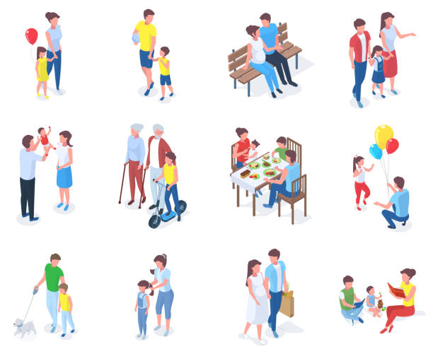 Isometric family, parents play and walk with children. Families walk in park, reading books or having dinner vector illustration set. Parents spending time with kids Isometric family, parents play and walk with children. Families walk in park, reading books or having dinner vector illustration set. Parents spending time with kids. Leisure activities, resting happy family shopping stock illustrations