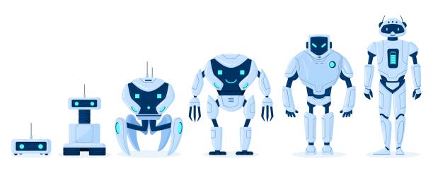 Cartoon robot evolution, digital bot characters development. Robots engineering progress from primitive droid to ai cyborg vector illustration set. Robotics technologies Cartoon robot evolution, digital bot characters development. Robots engineering progress from primitive droid to ai cyborg vector illustration set. Robotics technologies, futuristic machine progress robot transformation stock illustrations